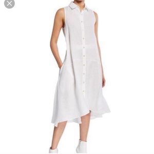 White Neiman Marcus Belted Sleeveless Shirtdress